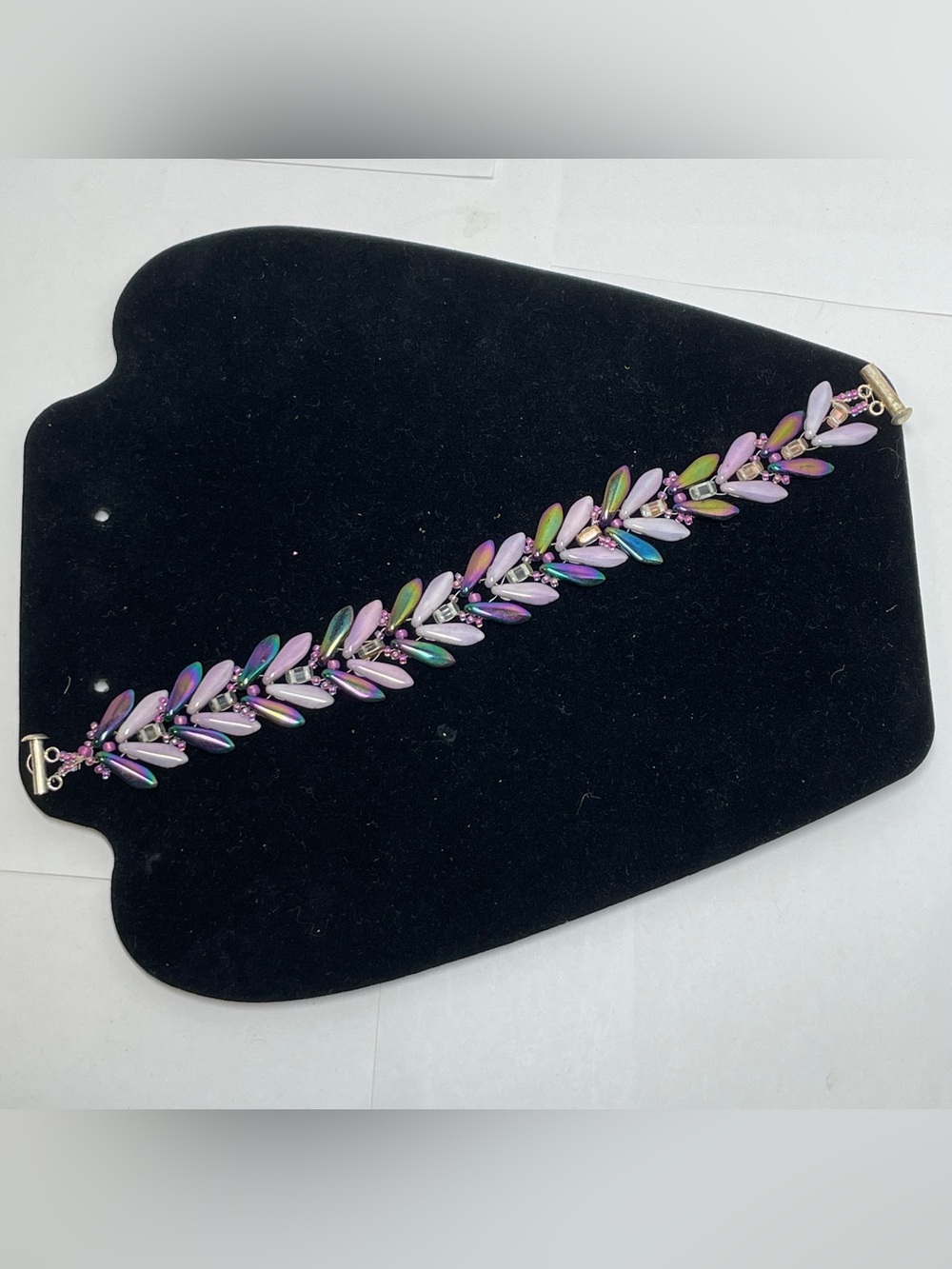 Handmade Iridescent Pink Purple Clear Beaded Petals Cuff Bracelet Toggle Close